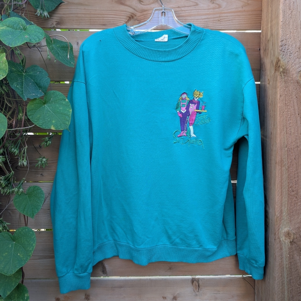 Vintage Women's Small Ski Austria Crewneck Sweatshirt Dobler Teal Sweater Cotton